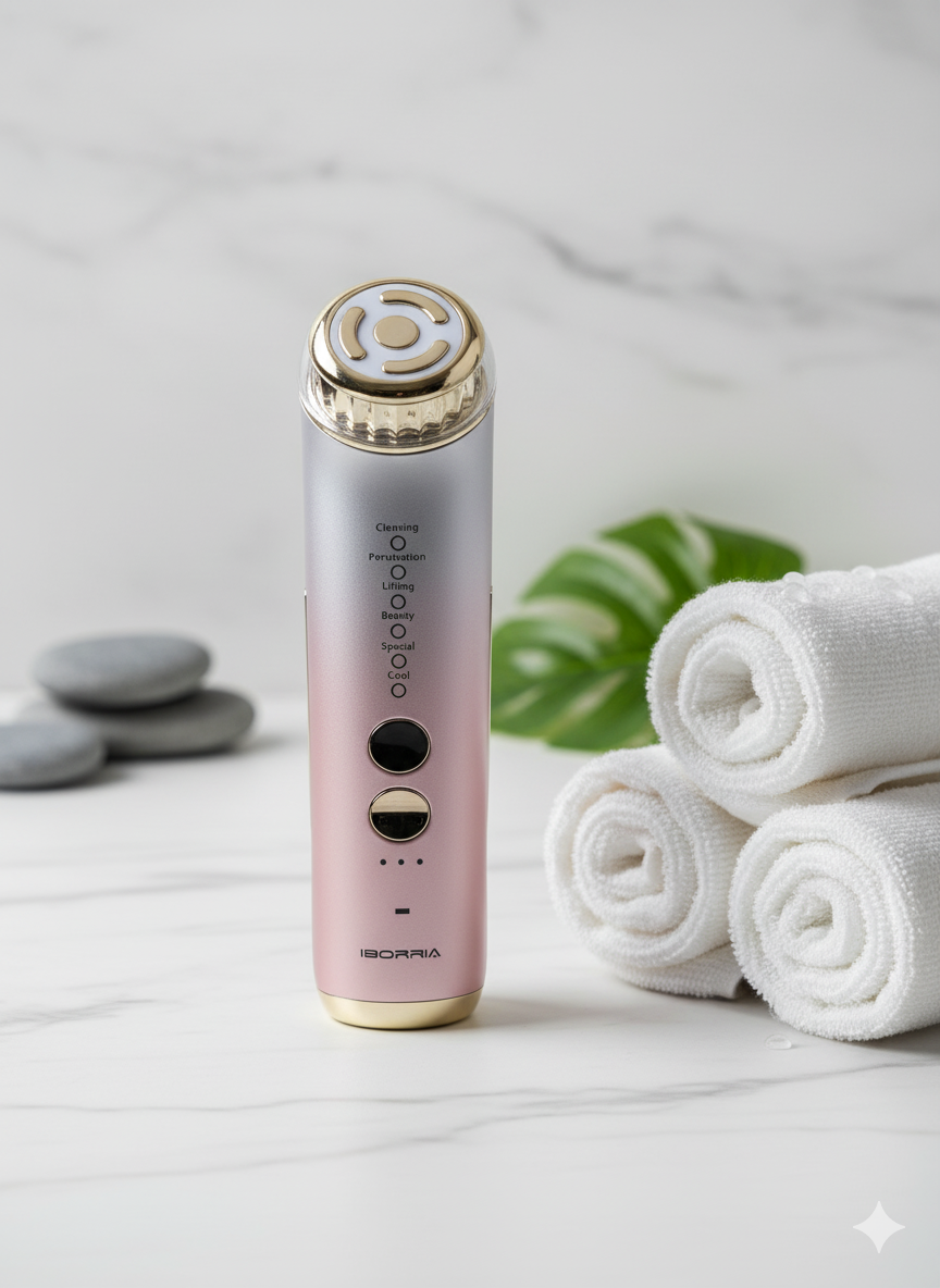 IBORRIA 6-in-1 Professional Facial Device: This advanced Radio Frequency (RF) and EMS massager delivers high-frequency treatments for powerful anti-aging, wrinkle reduction, and deep skin cleansing.
